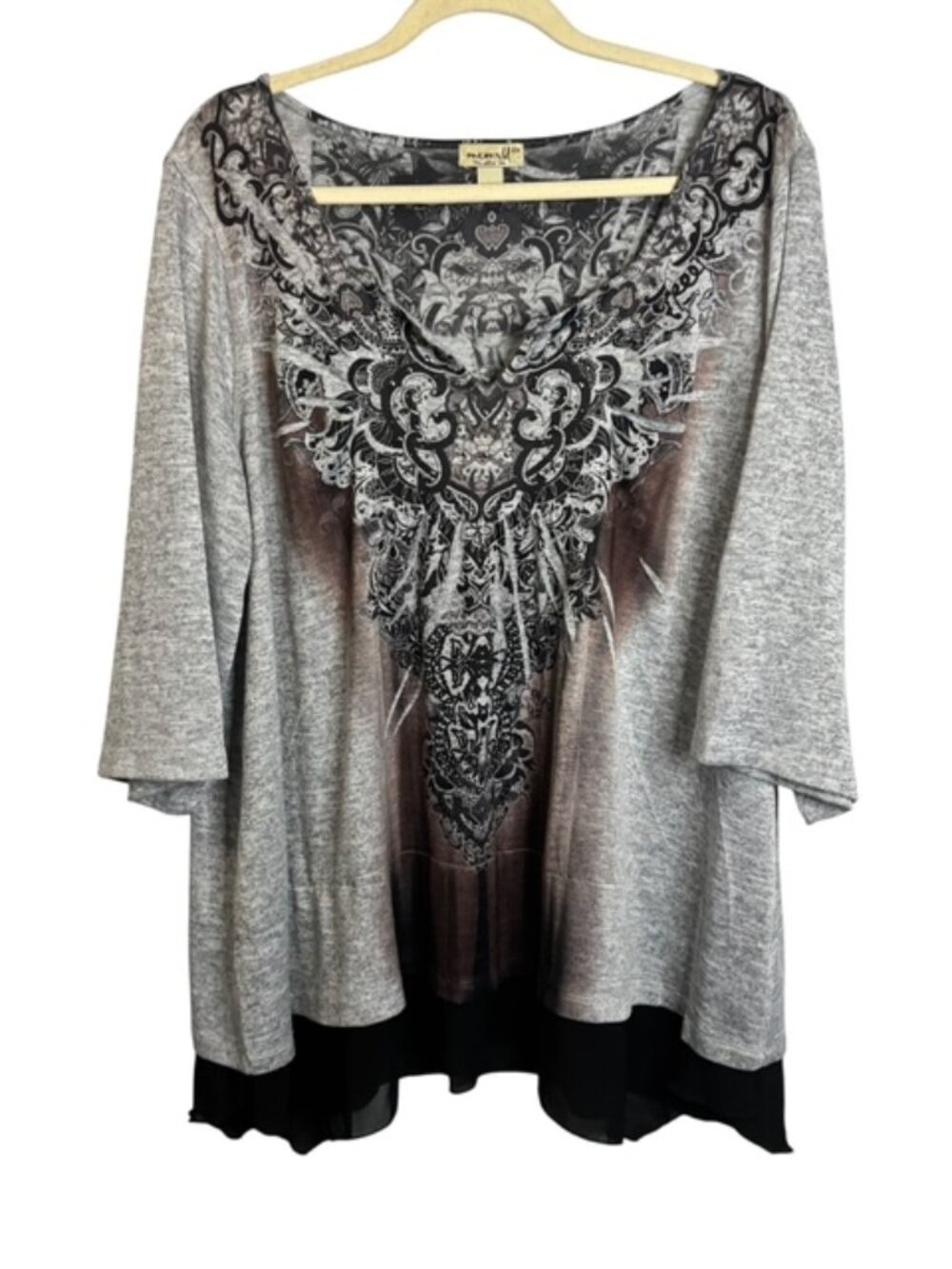 One World Blouse Women's 2X Boho Abstract Artsy Gray